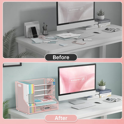 SUPEASY Desk Organizer with File Holder, 5-Tier Mesh Paper Letter Tray and 3 Tilted File Sorter for Office Supplies, Black