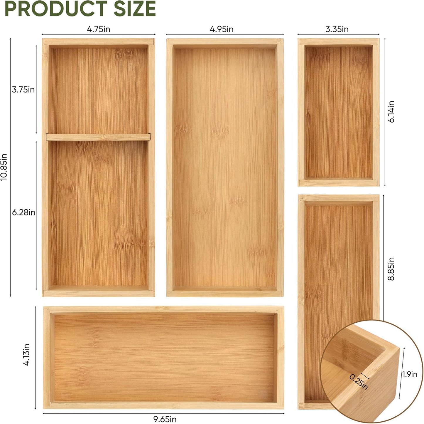Vincona Bamboo Drawer Organizers Set, 3PCS Multi-Use Wood Storage Organizers, Desk Drawer Tray for Kitchen, Bathroom, Office, Dresser, Bamboo Box Bin for Jewelry, Makeup, Junk, Gadgets