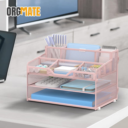 5 Tier Mesh Desk Organizer,Multi Functional Letter Paper Tray with 3 Pen Holders and 5 Adjustable Storage Compartments for Office Supplies Files and Mail Space Saving Desktop Organizer-Black