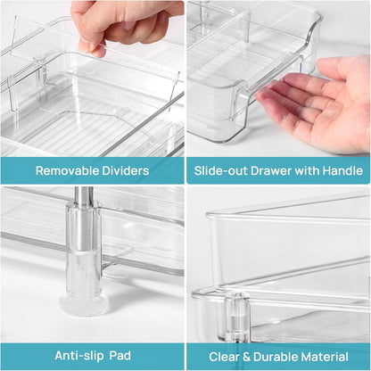 Vtopmart 4 Pack Bathroom Organizer, 2 Tier Clear Under Sink Organizers Vanity Countertop Storage Container,Cabinet Drawers Bins, Pull-Out Organization with Track for Pantry, Kitchen