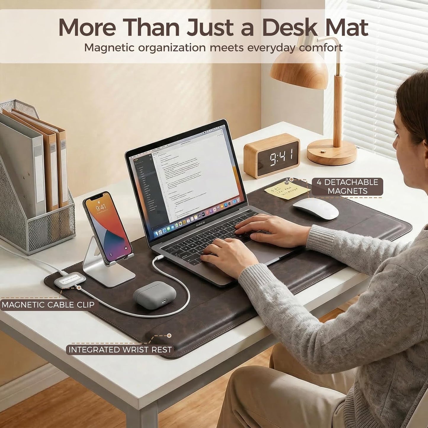 Magnetic Desk Mat System with Wrist Support 80×40cm, Premium Leather Desk Pad with Magnetic Accessories, Waterproof Non-Slip Desk Organizer for Office & Gaming