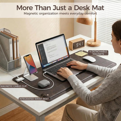 Magnetic Desk Mat System with Wrist Support 80×40cm, Premium Leather Desk Pad with Magnetic Accessories, Waterproof Non-Slip Desk Organizer for Office & Gaming