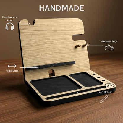 Namore Wood Phone Docking Station for Men – Nightstand & Desk Organizer with Valet Tray for Wallet, Watch & Keys – Bedside Organizer Gift for Husband or Dad