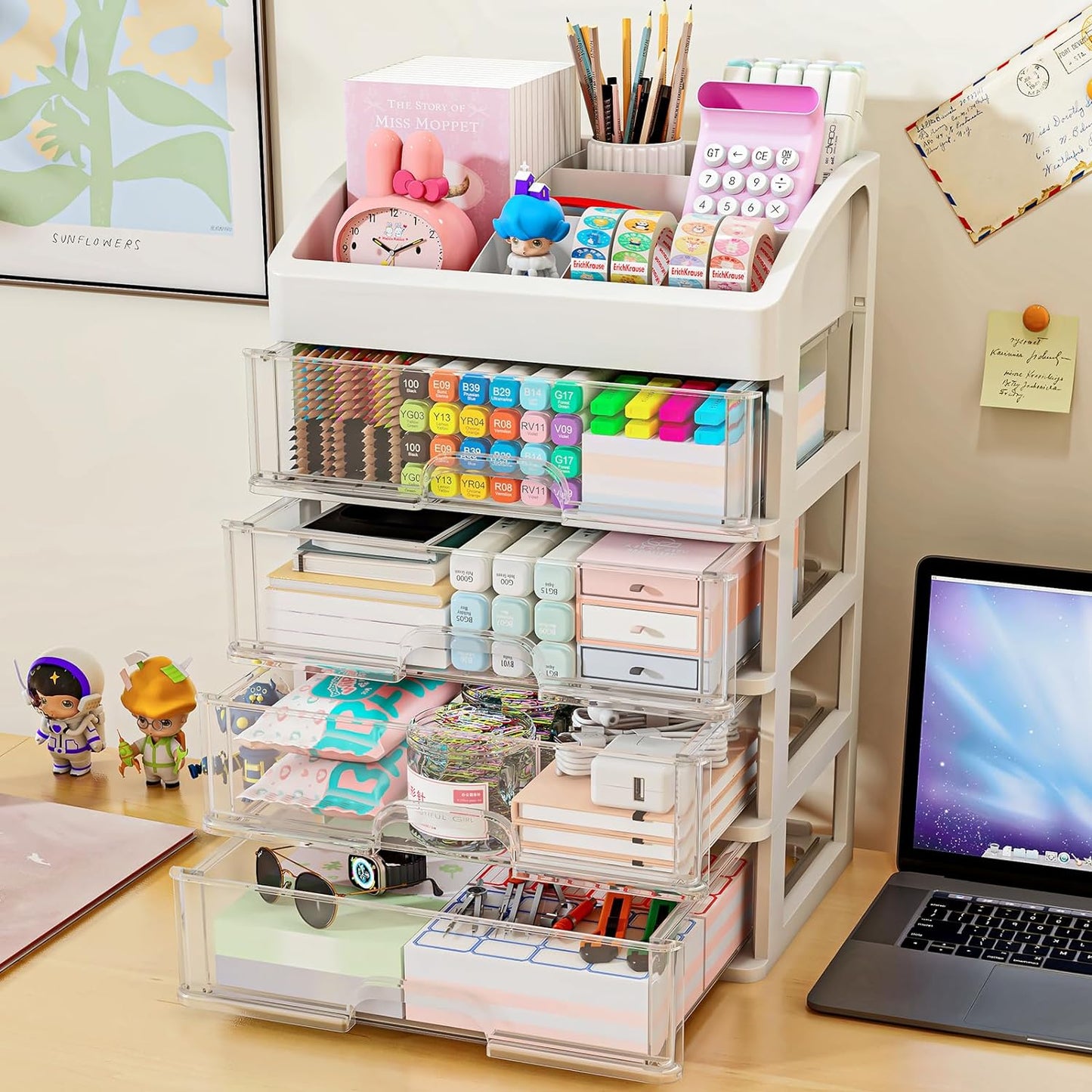 Desk Organizer with 4 Drawer Storage, Desktop Drawers Organizer for Office/School Supplies, Plastic Stationary Makeup Organizer, Desk Storage Box Organizer for Office, School, Bathroom