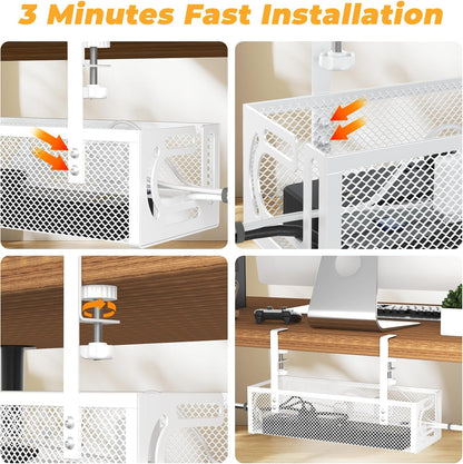 Under Desk Cable Management Tray, 15.7'' No Drill Steel Desk Cable Organizers, Wire Management Tray Cable Management Rack (1 Pack-Black)