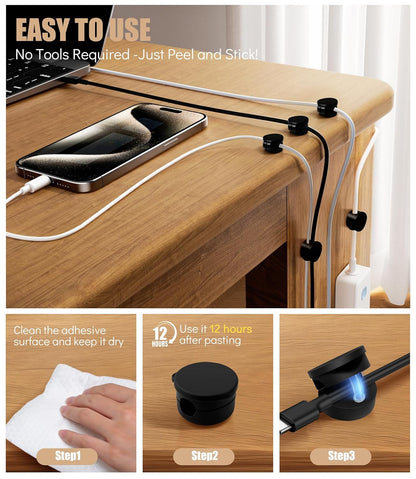 6 Pack Silicone Cord Organizer, Adjustable Magnetic Cable Clips, Strong Adhesive Cable Management Under Desk Wire Hider, Cord Holder for Nightstand, Desk, Wall, Home Office (Black)