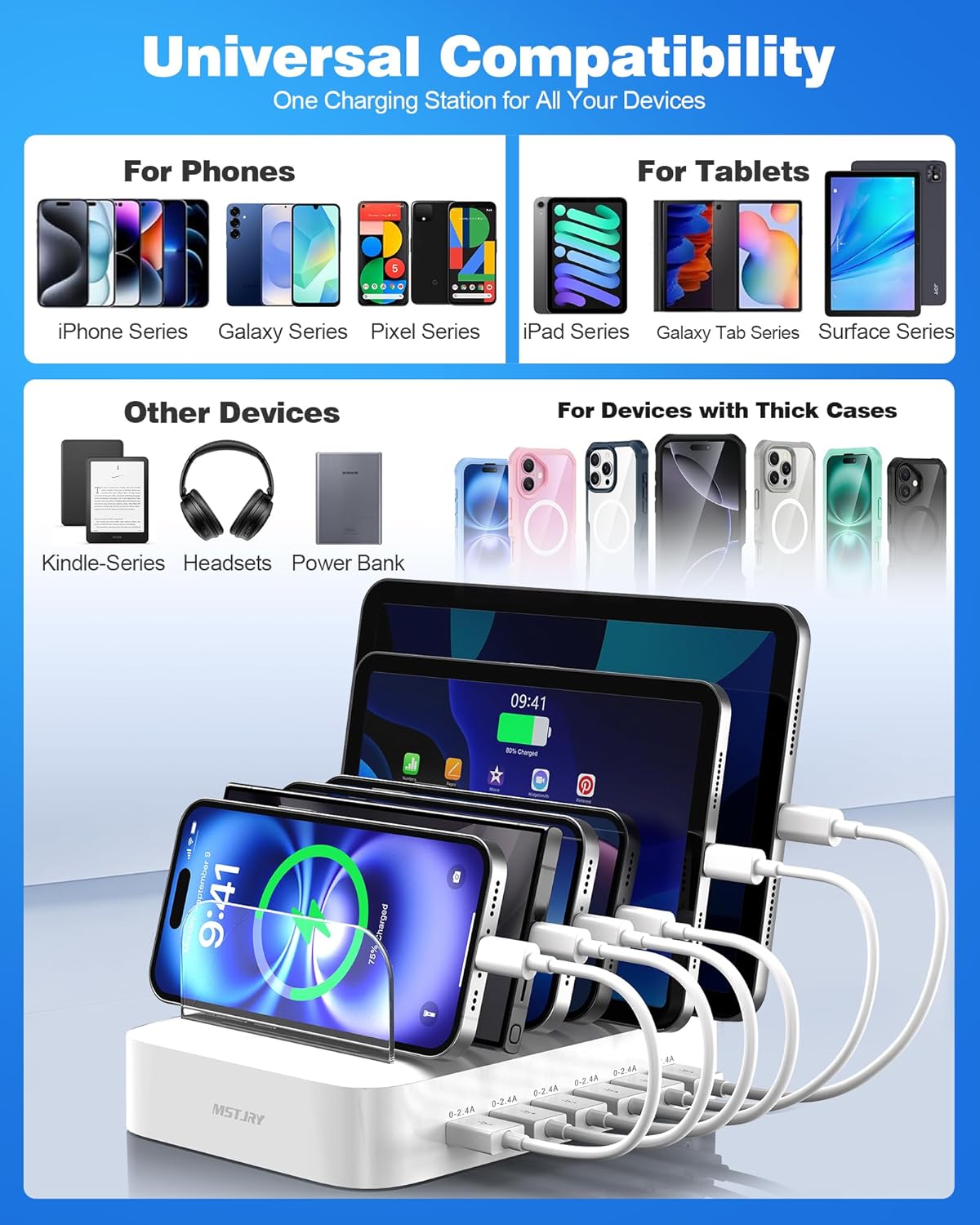 MSTJRY Charging Station for Multiple Devices : 6 Port USB Charger Stations - Family Multi-Device Organizer Charging Dock - Designed for iPhone iPad Android Cell Phone Tablet and Electronic, Black