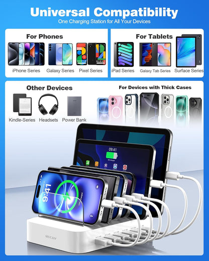 MSTJRY Charging Station for Multiple Devices : 6 Port USB Charger Stations - Family Multi-Device Organizer Charging Dock - Designed for iPhone iPad Android Cell Phone Tablet and Electronic, Black