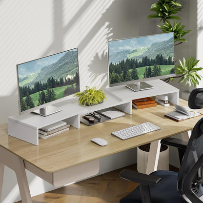 FITUEYES Dual Monitor Stand – 3 Shelf Computer Monitor Riser, Wood Desktop Stand with Adjustable Length and Angle, Desk Accessories, Office Supplies Medium Black,DT108001WB