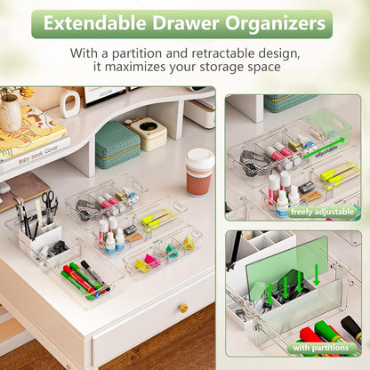 BLULEE Adjustable Clear Drawer Organizers, Expandable Bathroom Drawer Organizer Bins with Dividers, Versatile Makeup Organizer for Drawer, Plastic Desk Drawer Organizer (4 Pcs)