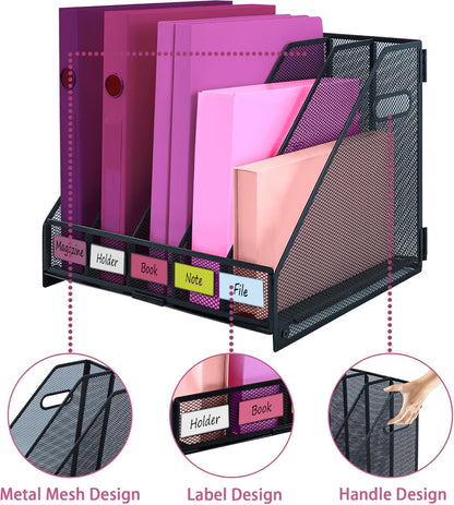 Desk Organizers, Metal Magazine File Holder with 5 Vertical Compartments Rack Binder File Organizer for Office Supplies, Home Workspace - Black