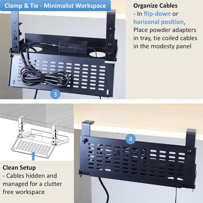 AEONS Under Desk Cable Management Tray Kit - Horizontal Adjustable up to 41” Removable C Clamp Mount Reversible Computer Cord Raceway and Modesty Panel for Large Table, Black