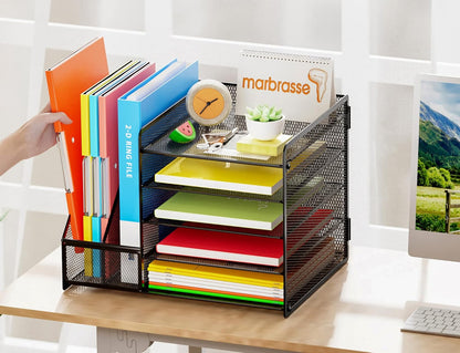 Marbrasse Desk Organizer with File Holder, 5-Tier Paper Letter Tray Organizer with Drawer and 2 Pen Holder, Mesh Desktop Organizer and Storage with Magazine Holder for Office Supplies(Black)