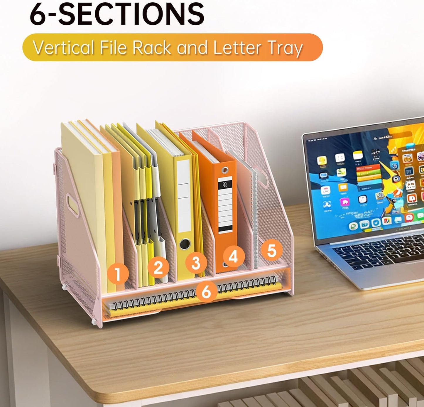 Docnest Desk File Holder Sorter, 4 Vertical Compartments Rack with Letter Tray, Mesh Magazine File Holder with Handle,Workspace Organizers,Desk Organizers for Paper, Mail, Documents-Black