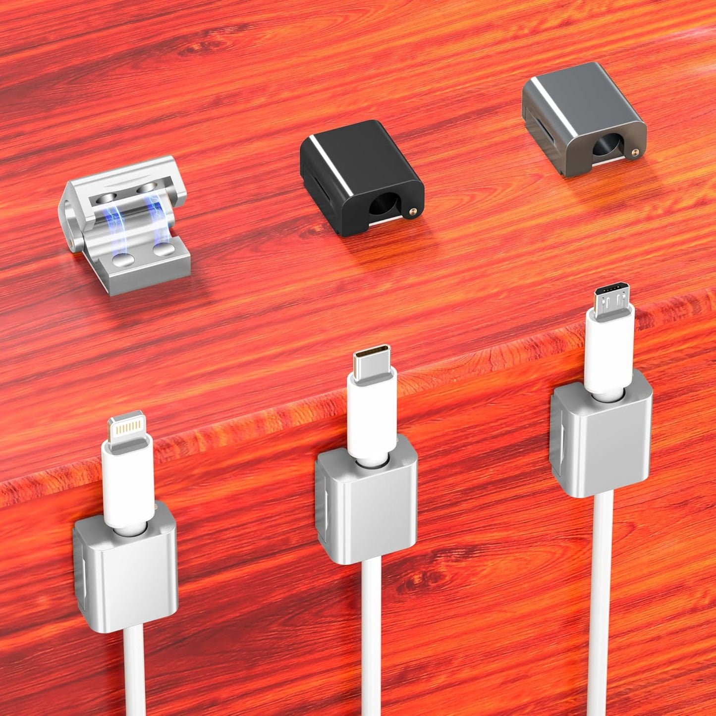 AGVEE 6 Pack Magnetic Cord Organizer Clips, 10mm Ultra-Thin Aluminum Cable Management Holder, 2 Pairs of Strong Magnets Keeper for Home Desk Office Gadgets Accessories, Residue-Free Tape, Silver