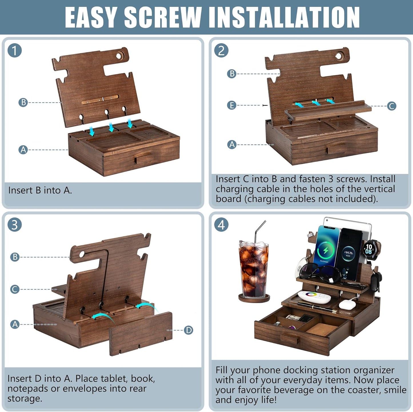 Black Wood Phone Docking Station for up to 3 Phones - Nightstand Organizer with Drawer for Valuables for Men & Women, Compatible With Apple Watch, Holds Phones, Tablets, Keys, Rings, Glasses, EDC
