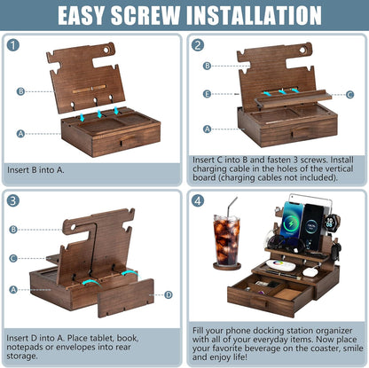 Black Wood Phone Docking Station for up to 3 Phones - Nightstand Organizer with Drawer for Valuables for Men & Women, Compatible With Apple Watch, Holds Phones, Tablets, Keys, Rings, Glasses, EDC