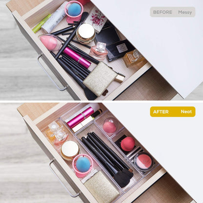 DCA 44 PCS Clear Drawer Organizers Set, 4 Size Versatile Bathroom and Vanity Organizer Trays, Cosmetic Display Cases for Makeup, Jewelries, Bedroom, Kitchen Utensils and Office
