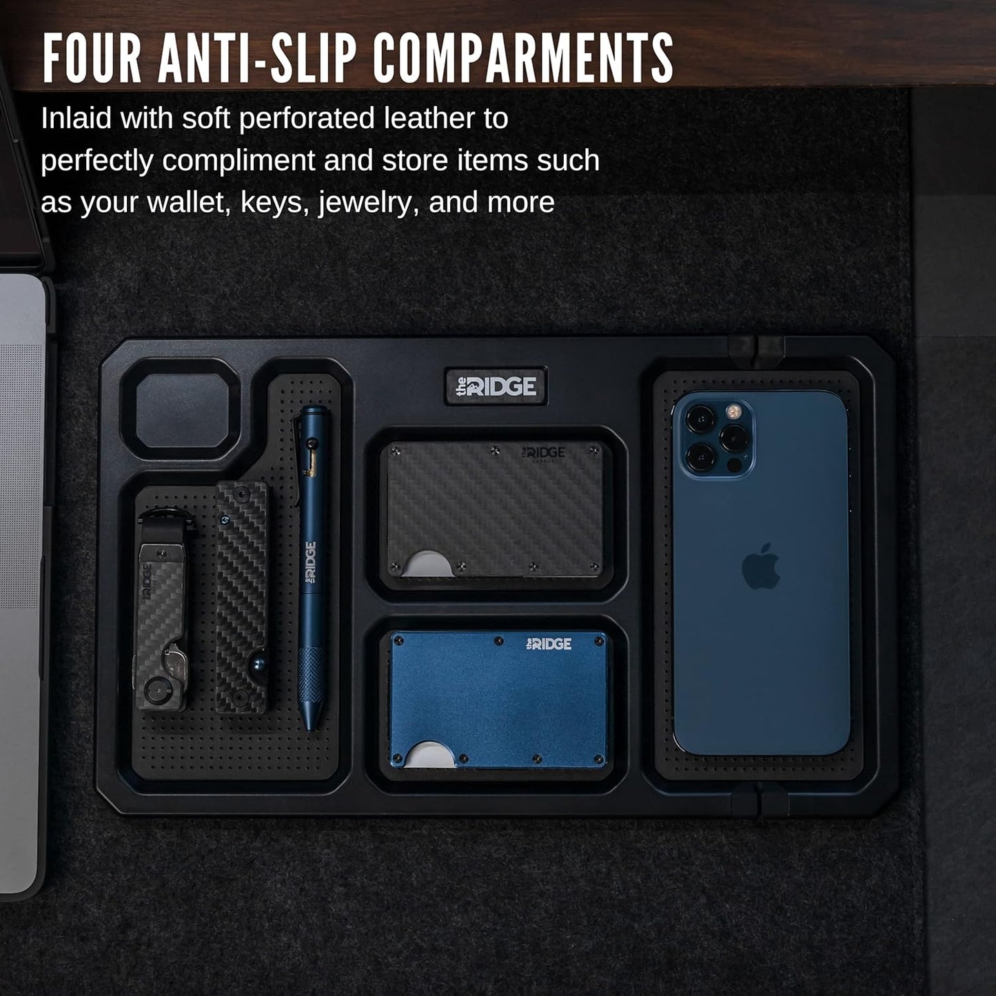 The Ridge Valet Tray for Men - Desktop Storage Organizer - 5 Compartment Valet Tray for Everyday Carry Accessories Wallet, Phone, Keys, Rings - Anti-Scratch Felt