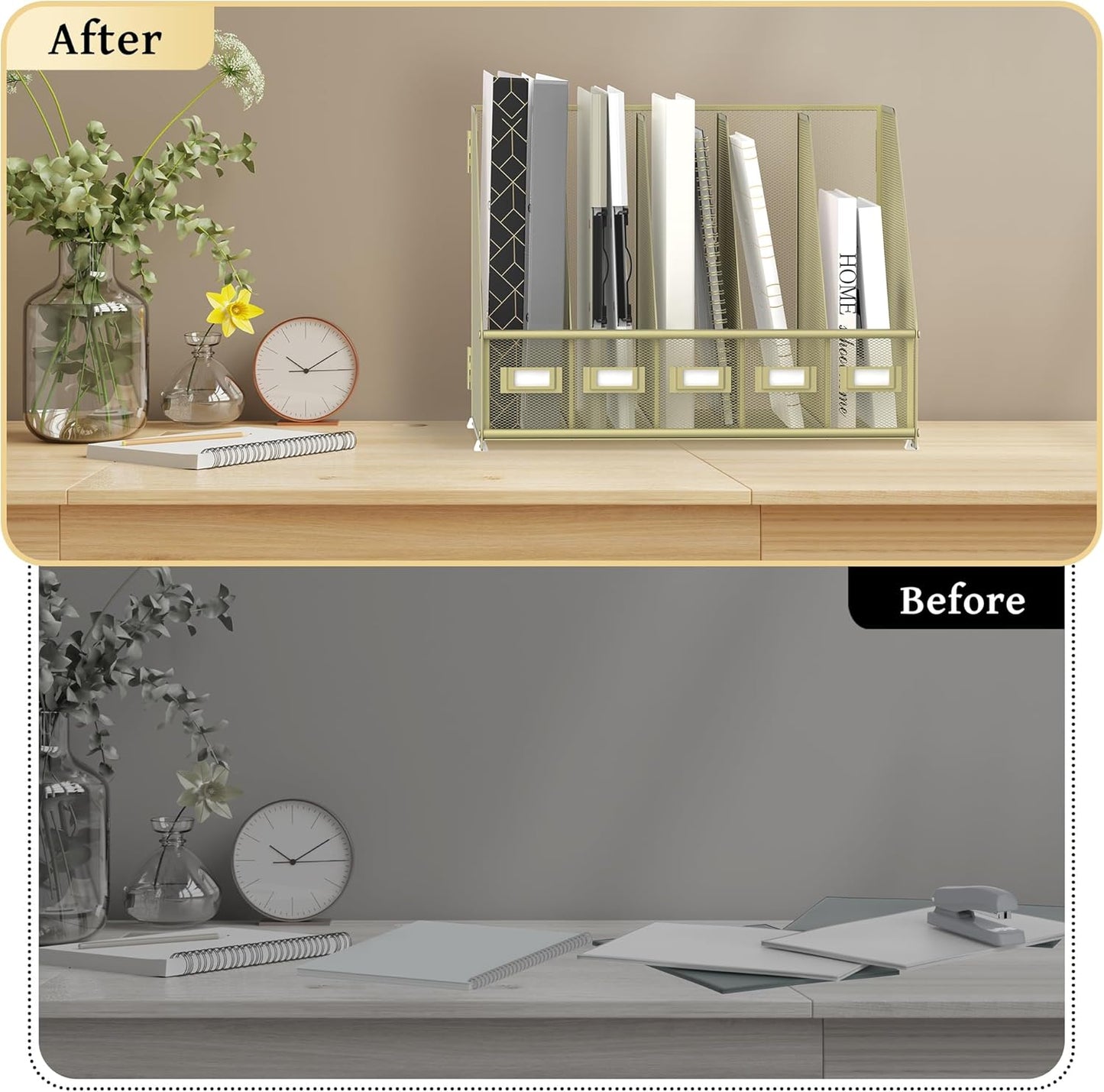 SUPEASY Desk Organizers Metal Desk Magazine File Holder with 5 Vertical Compartments Rack File Organizer for Office Desktop, Classroom, Home Workspace, Black