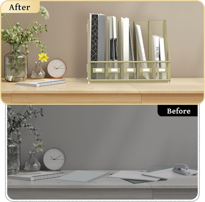 SUPEASY Desk Organizers Metal Desk Magazine File Holder with 5 Vertical Compartments Rack File Organizer for Office Desktop, Classroom, Home Workspace, Black