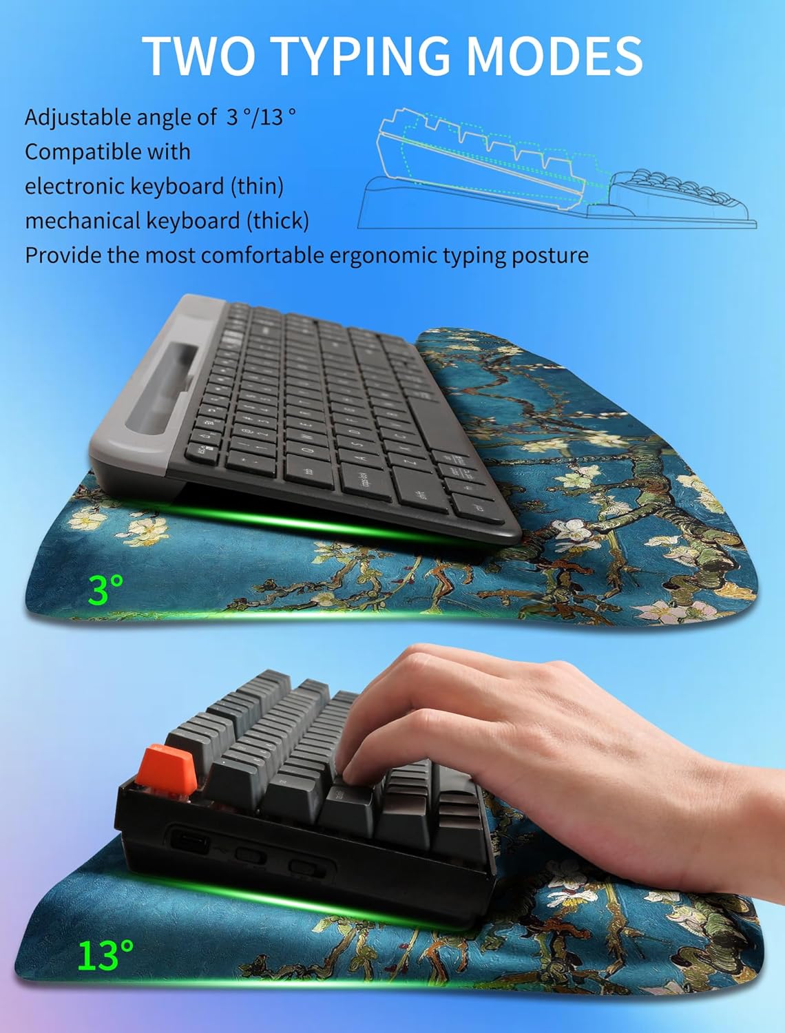 Ergonomic Wave Wrist Rest with Keyboard Stand, Cushioned Palm Rest, Comfortable Integrated Memory Foam for Natural Typing and Relieve Wrist Pain, Dark Night Black