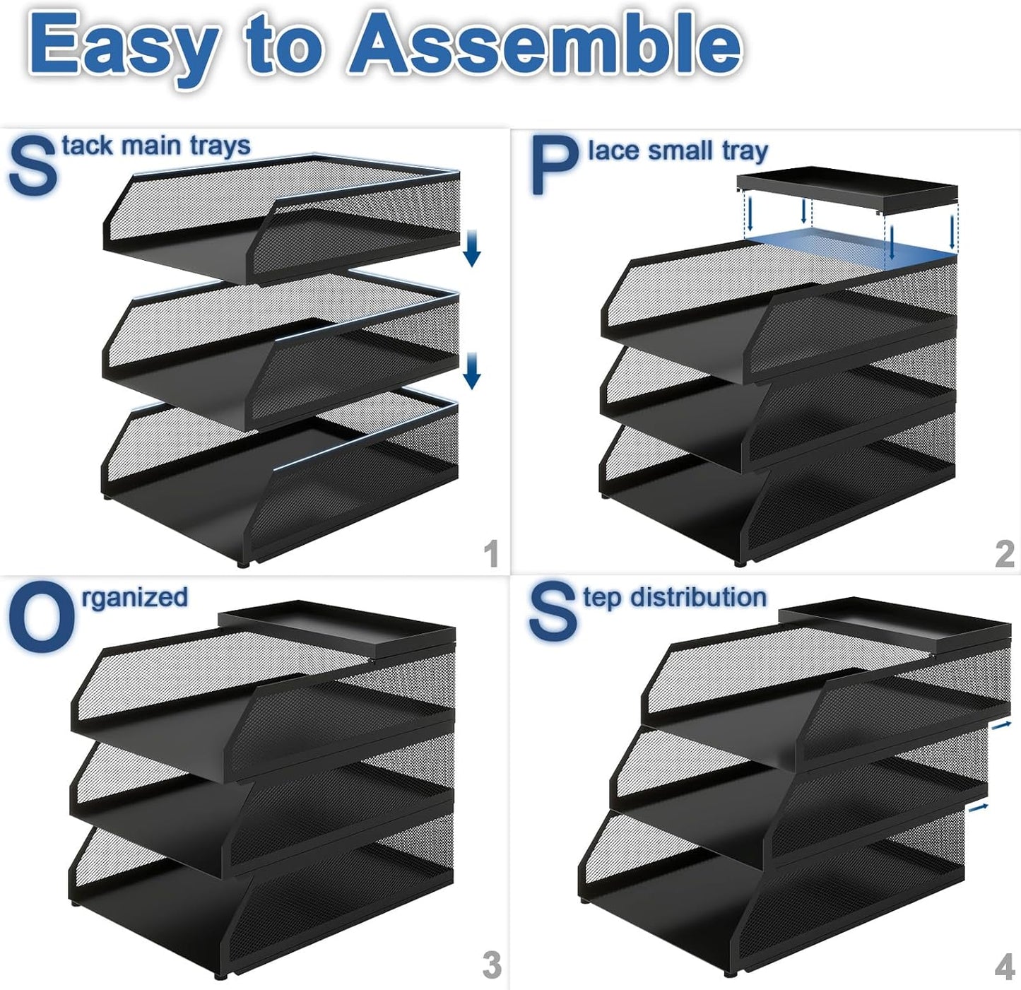 Natwind 4-Tier Paper Organizers,Desk Organizer,Stackable Paper Tray, Desk Accessories,Metal Mesh Desktop Organizer,Letter Trays,File Document Storage Rack for for Home, Office, School (Black)