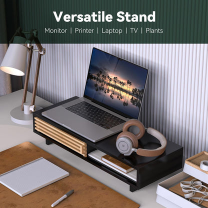 Monitor Stand Riser with Sliding Door, Computer Laptop Stand Desk Shelf Organizer with Storage (Natural Bamboo, 25 Inch)