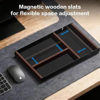 Desk Drawer Organizer Tray With Removable Magnetic Wooden Strip,Freely Adjustable Space,Made of Aluminum and Walnut,Valet Tray for Mens,Desk Accessories for Office/Home/Nightstand