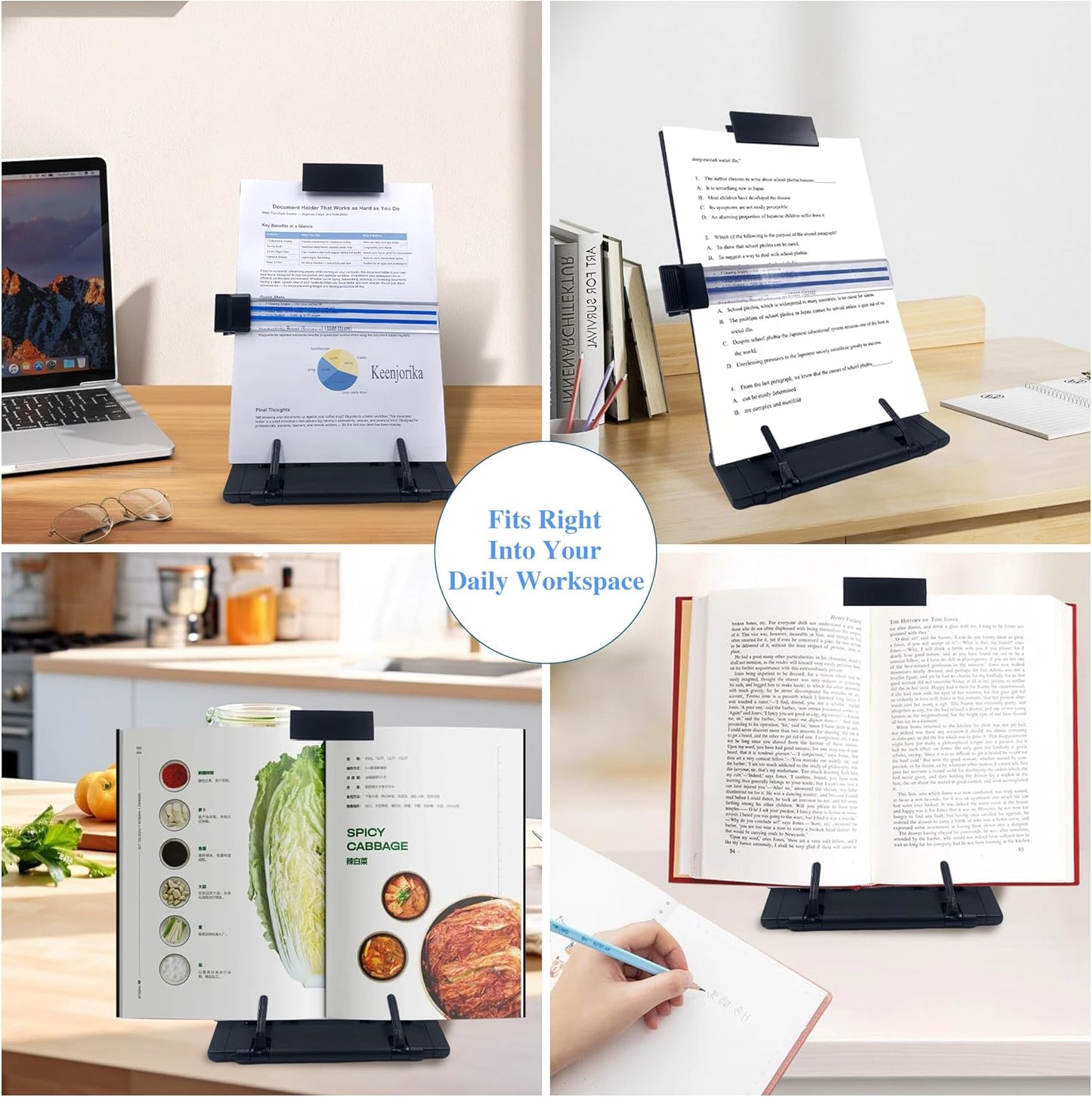 Keenjorika Desktop Document Book Holder with 7 Adjustable Positions, Black Document Holder for Desk, Paper Holder Copy Stand Holder for Speech, Paper Holder Stand for Desk Typing, Angle Adjustable