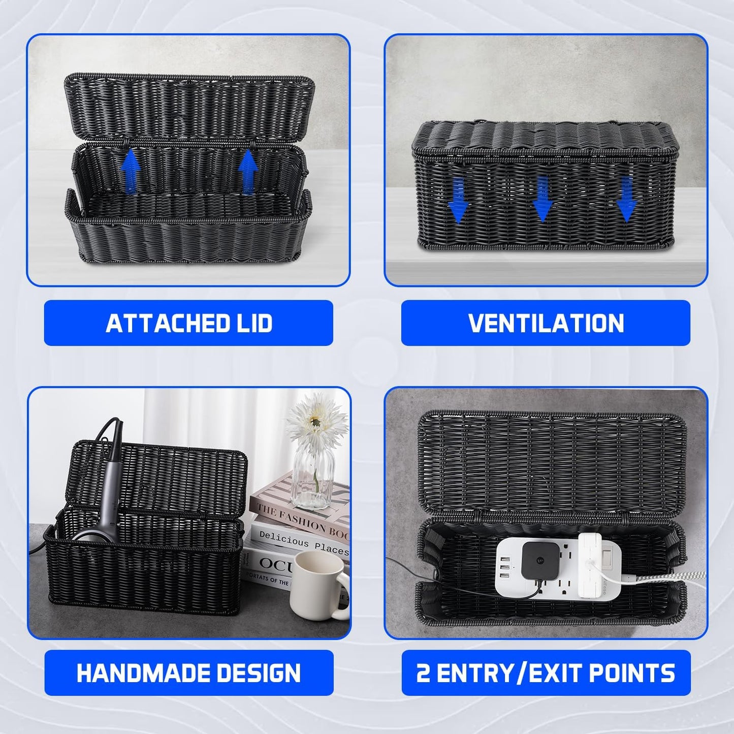 Cable Management Box, Handmade Rattan Cable Organizer with 2 Open Slots, Cord Hider for Power Strip, Router & USB Hub, Registered U.S. Design Patent (D1,112,102), 13" x 5.1" x 5.1", Natural