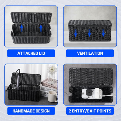 Cable Management Box, Handmade Rattan Cable Organizer with 2 Open Slots, Cord Hider for Power Strip, Router & USB Hub, Registered U.S. Design Patent (D1,112,102), 13" x 5.1" x 5.1", Natural