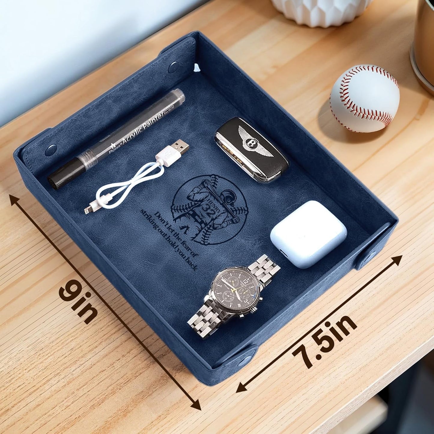 Engraved Leather Valet Tray for Men – Personalized Catchall with Custom Name for Desk, Dresser, Nightstand – Men's Organizer Tray for Keys, Wallet, Jewelry, Personalized Gift for Home, Office - Coffee