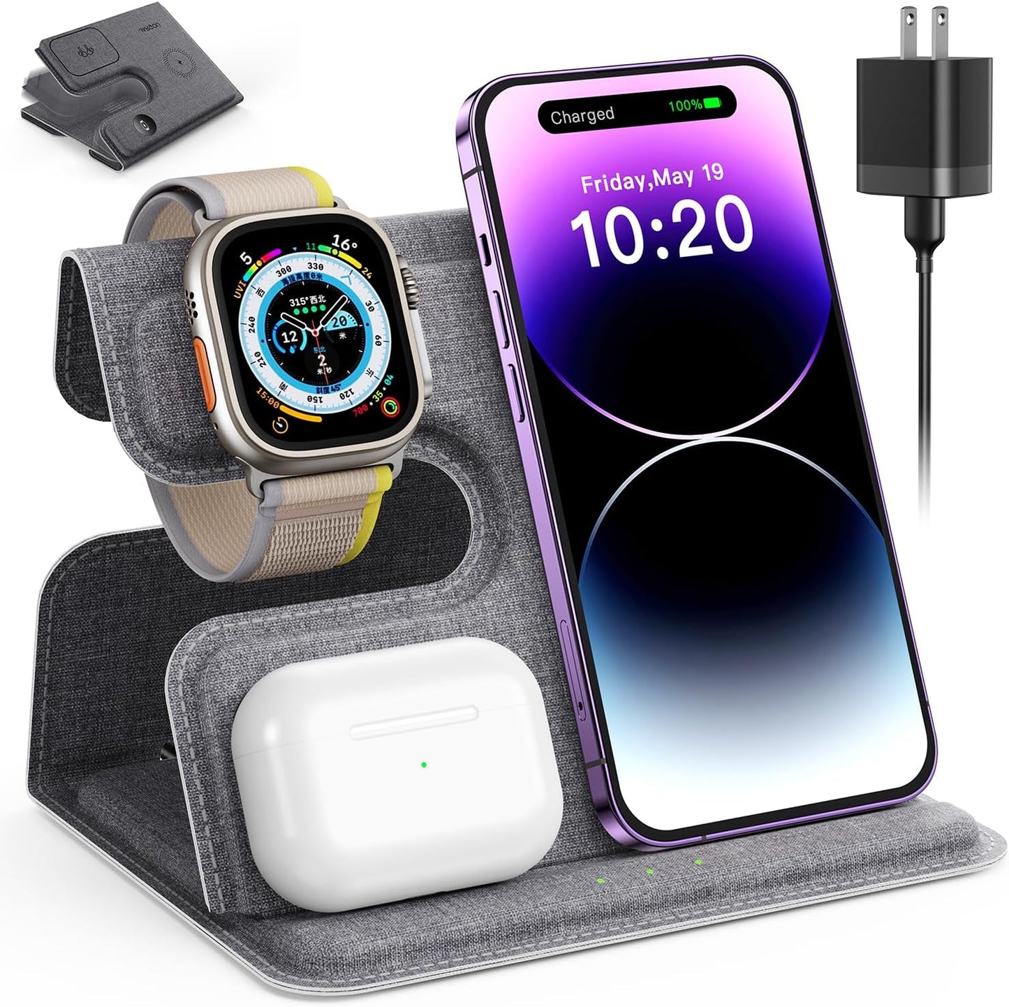 JARGOU 3 in 1 Charging Station for Apple Wireless Charger for iPhone 17 16e 16 15 14 13 12 11 X 8 & for iWatch Charger Wireless Charging Station for Multiple Devices for AirPods 2/3/4/Pro/Pro 2/Pro 3
