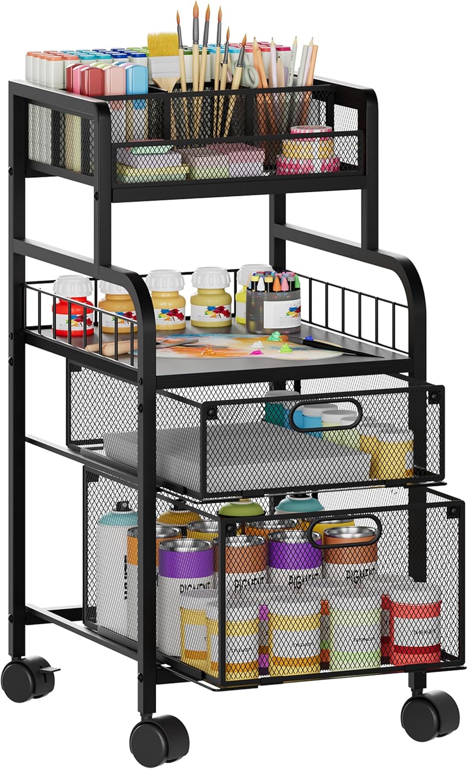 SWTYMIKI Rolling Cart with Drawers - Metal Utility Cart with Wood Shelf, DIY Divider and Locking Wheels, Craft & Art Cart Organizer for Under Desk Storage for Home Office Studio, Espresso