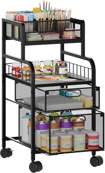SWTYMIKI Rolling Cart with Drawers - Metal Utility Cart with Wood Shelf, DIY Divider and Locking Wheels, Craft & Art Cart Organizer for Under Desk Storage for Home Office Studio, Espresso