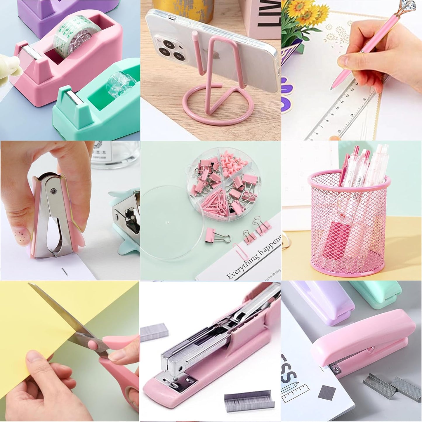 Office Desk Accessories, Acrylic Stapler, Staple Remover, Tape Holder, Pen Holder, Ballpoint Pen, Scissor, Binder Clips, 1000pcs Staples, Phone Holder, Ruler, Transparent Glue and 300 Notes