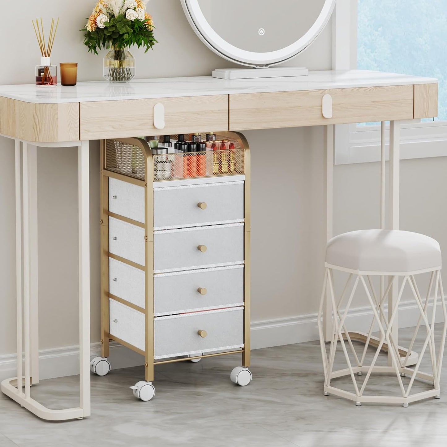 SWTYMIKI Rolling Makeup Organizer Cart - Under Desk Vanity Makeup Storage with 3 Non-woven Drawers, Nail Cart Organizer Cosmetic Display Cases Cabinet for Skin Care Perfume Nail Polish Brush Hair Tool
