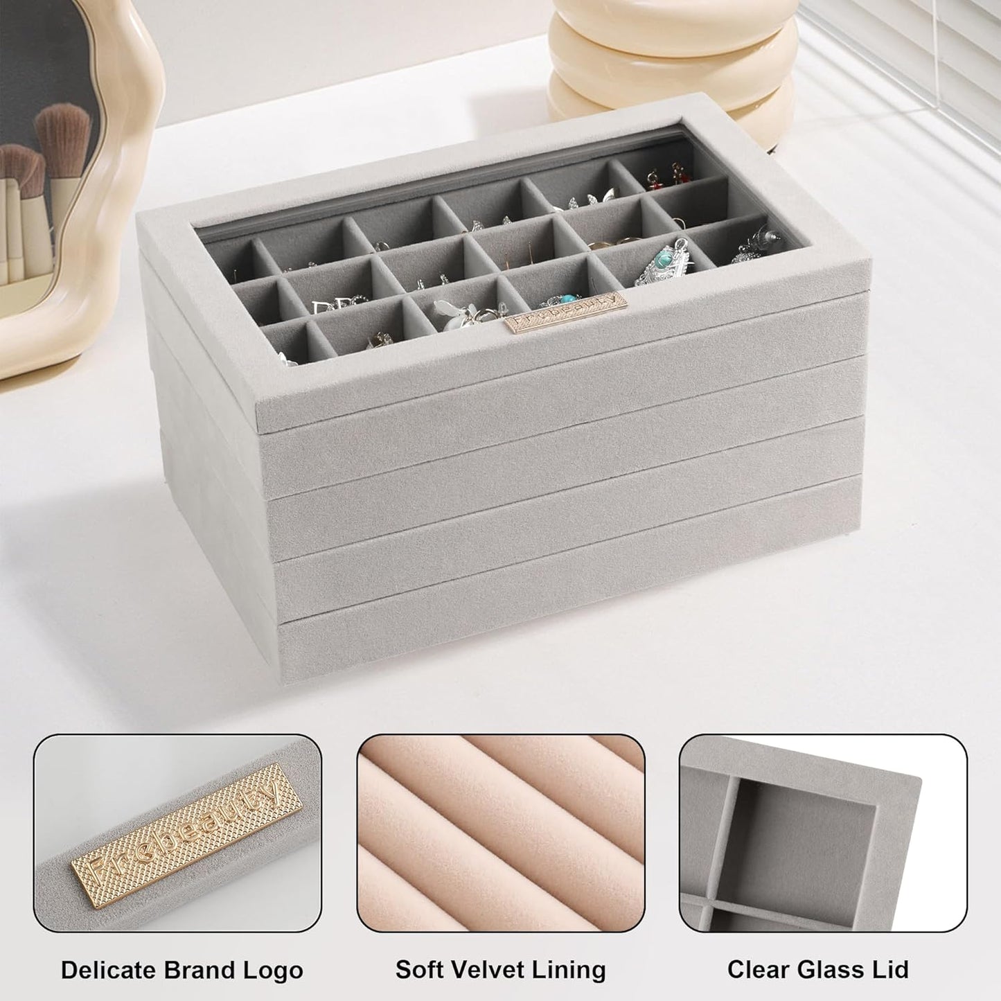 Frebeauty Stackable Jewelry Trays, Velvet Drawer Jewelry Organizer with Glass Lid,5 in 1 Multi-Functional Jewelry Storage for Earrings Necklaces Rings, 10.5 x 6.5 x 5.55 Inches Gift for Women(Beige)