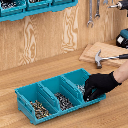 Navaris Storage Bins - Interlocking Plastic Van Boxes - Wall Mounted Compartments for Screws Nails Small Tool Parts - Workshop Garage Drawer Shed Organiser - 12 Bins & 3 Rails