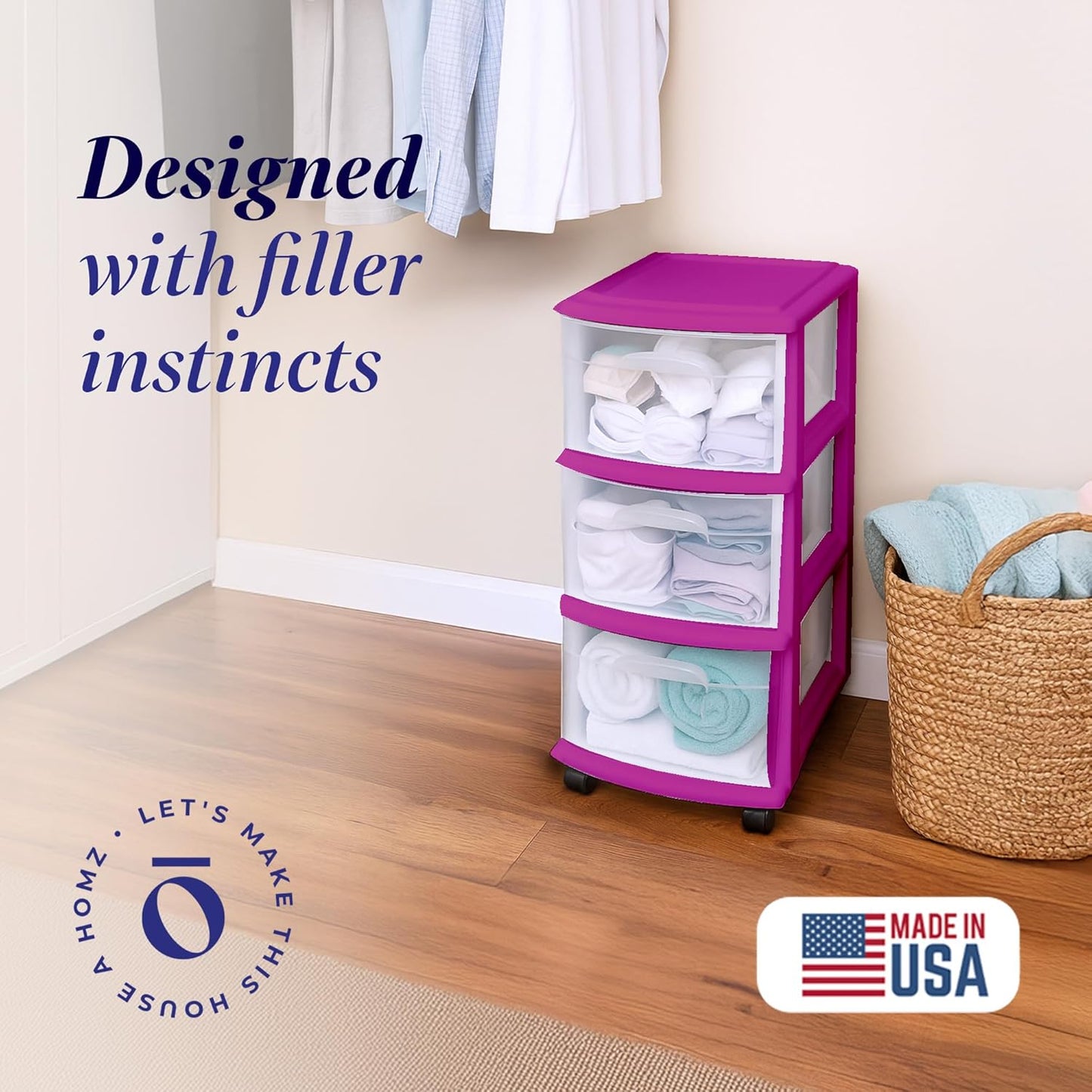 HOMZ Drawer Tower, 3-Tier Rolling Storage Cart with Removable Wheels, White Frame – Plastic Organizer with Clear Bin Drawers for Bedroom, Bathroom, Home Office, and Dorm Room