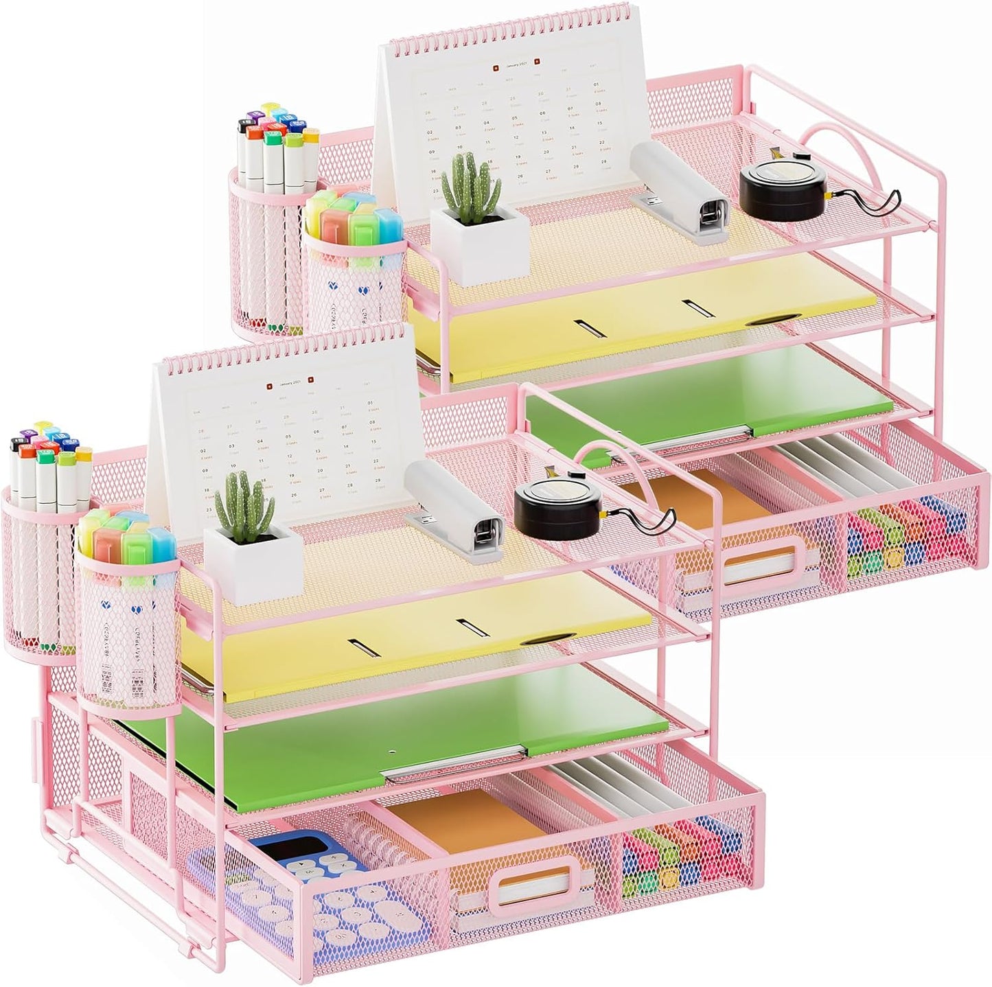Marbrasse Desk Organizer and Accessories，4-Tier Paper Letter Tray Organizer with File Holder，Desk Accessories & Workspace Desktop Organizers for School Home Office Supplies (Blue)