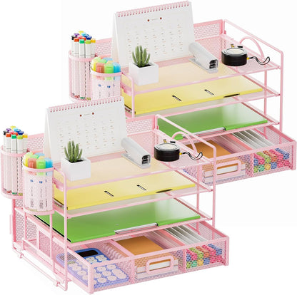 Marbrasse Desk Organizer and Accessories，4-Tier Paper Letter Tray Organizer with File Holder，Desk Accessories & Workspace Desktop Organizers for School Home Office Supplies (Blue)