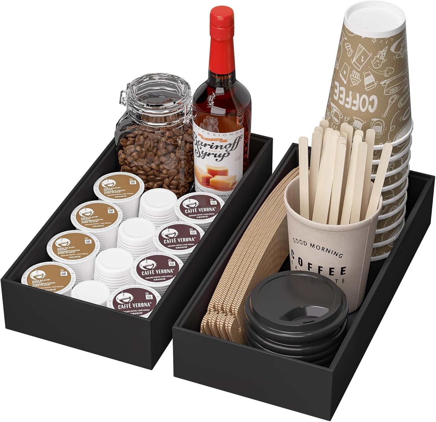 Kitchen Drawer Organizer Bins, Stackable Bamboo Drawer Organizer for Silverware, Flatware, Coffee Pod Organizer K Cup Holder for Countertop, 2 Pcs Coffee Station Organizer 12" x 6" x 2.5"