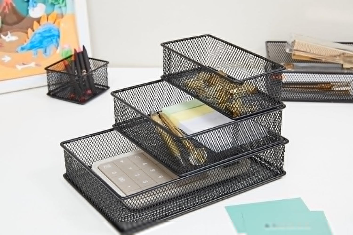Annova Stackable Mesh Drawer Cabinet and Shelf Organizer Bins Storage Basket School Office Supply Holder Tray- Set of 2 (Gold, 3x3x2 Inch)