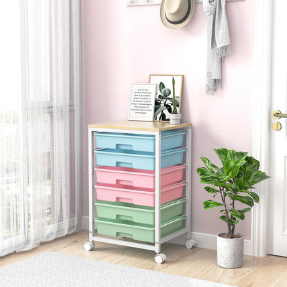 SYKIARIOL Rolling Storage Utility Cart with 6 Drawers and Wooden Tabletop for Under Desk Storage,White