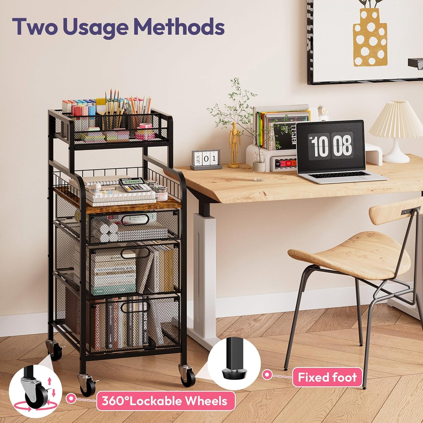 SWTYMIKI Rolling Cart with Drawers - Metal Utility Cart with Wood Shelf, DIY Divider and Locking Wheels, Craft & Art Cart Organizer for Under Desk Storage for Home Office Studio, Espresso