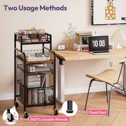 SWTYMIKI Rolling Cart with Drawers - Metal Utility Cart with Wood Shelf, DIY Divider and Locking Wheels, Craft & Art Cart Organizer for Under Desk Storage for Home Office Studio, Espresso