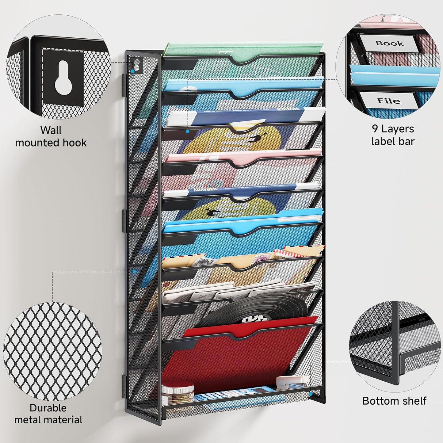 Lavatino 6-Tier Hanging File Organizer, Wall Mount File Holder for Mails Folders Papers Magazine Organization, Vertical Document Organizer for Office Home - (White)