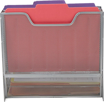 Mind Reader Metal Mesh Desktop File Organizer, 3-Tier Paper Tray with 5 Compartments, Office Mail Sorter, White